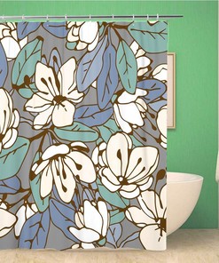 Pink Flowers and Leaves of Big Blossom Botanical Botany Watercolor Shower Curtain, Waterproof Bathroom Decor Curtain