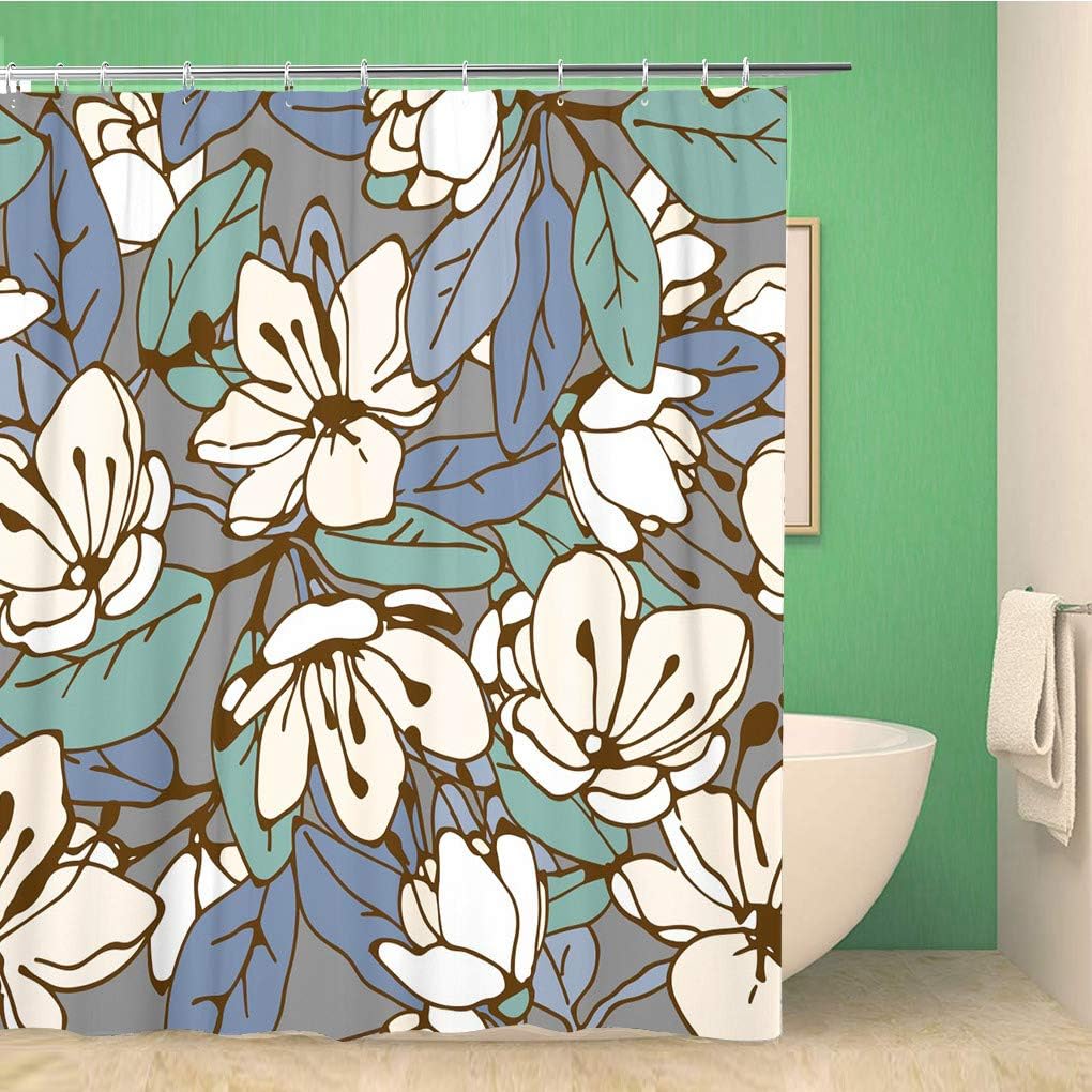 Pink Flowers and Leaves of Big Blossom Botanical Botany Watercolor Shower Curtain, Waterproof Bathroom Decor Curtain