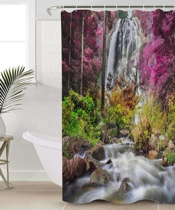 Pink Forest Waterfall Scenery Colorful Print Shower Curtain for Bathroom Decor