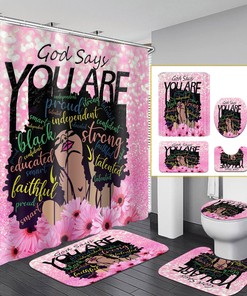 Pink Glittering African American Girl Shower Curtain with Inspirational Quote for Modern Bathroom 