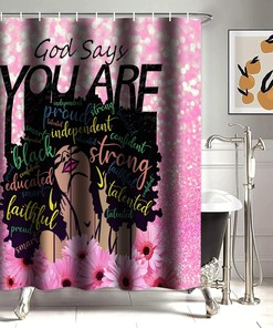 Pink Glittering African American Girl Shower Curtain with Inspirational Quote for Modern Bathroom
