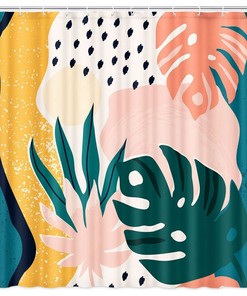 Pink Green Boho Geometric Leaves Unique Shower Curtain For Modern Bathroom Decor