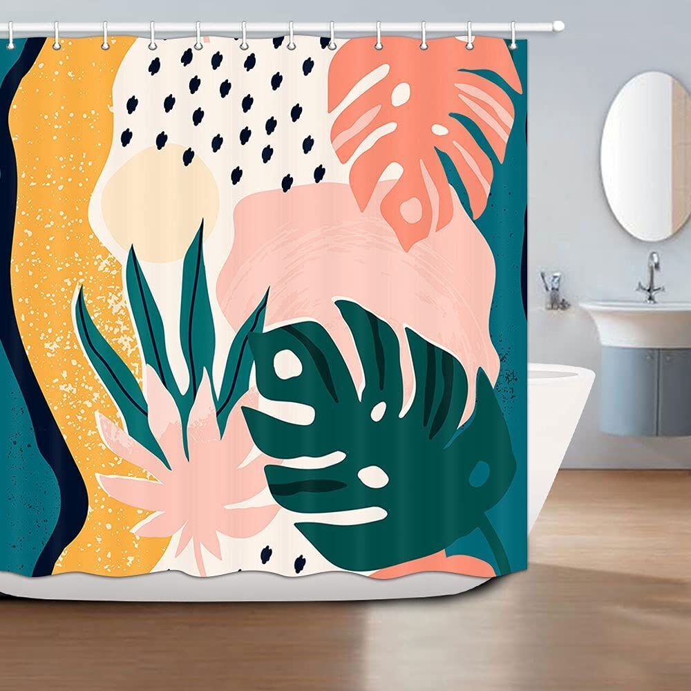 Pink Green Boho Geometric Leaves Unique Shower Curtain For Modern Bathroom Decor - Image 2