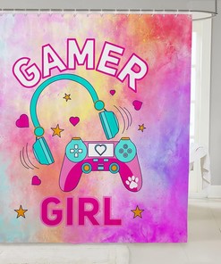 Pink Headset Gamepad Vide Games Gaming Shower Curtain for Kids Girls Teens Room Decor