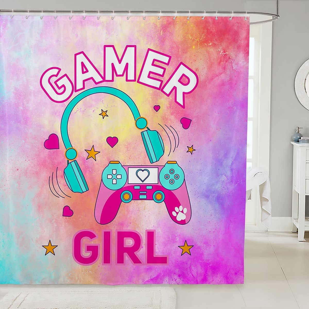 Pink Headset Gamepad Vide Games Gaming Shower Curtain for Kids Girls Teens Room Decor