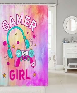 Pink Headset Gamepad Vide Games Gaming Shower Curtain for Kids Girls Teens Room Decor