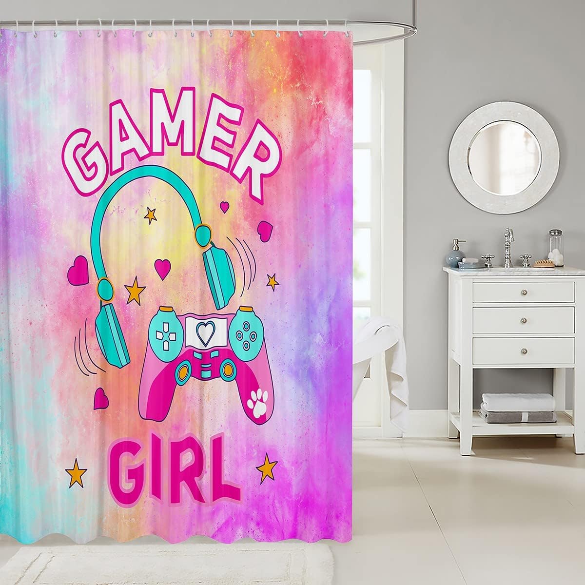 Pink Headset Gamepad Vide Games Gaming Shower Curtain for Kids Girls Teens Room Decor