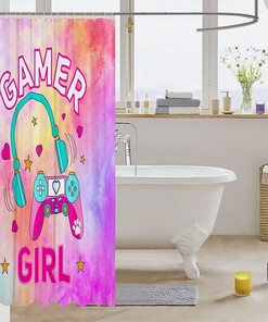 Pink Headset Gamepad Vide Games Gaming Shower Curtain for Kids Girls Teens Room Decor
