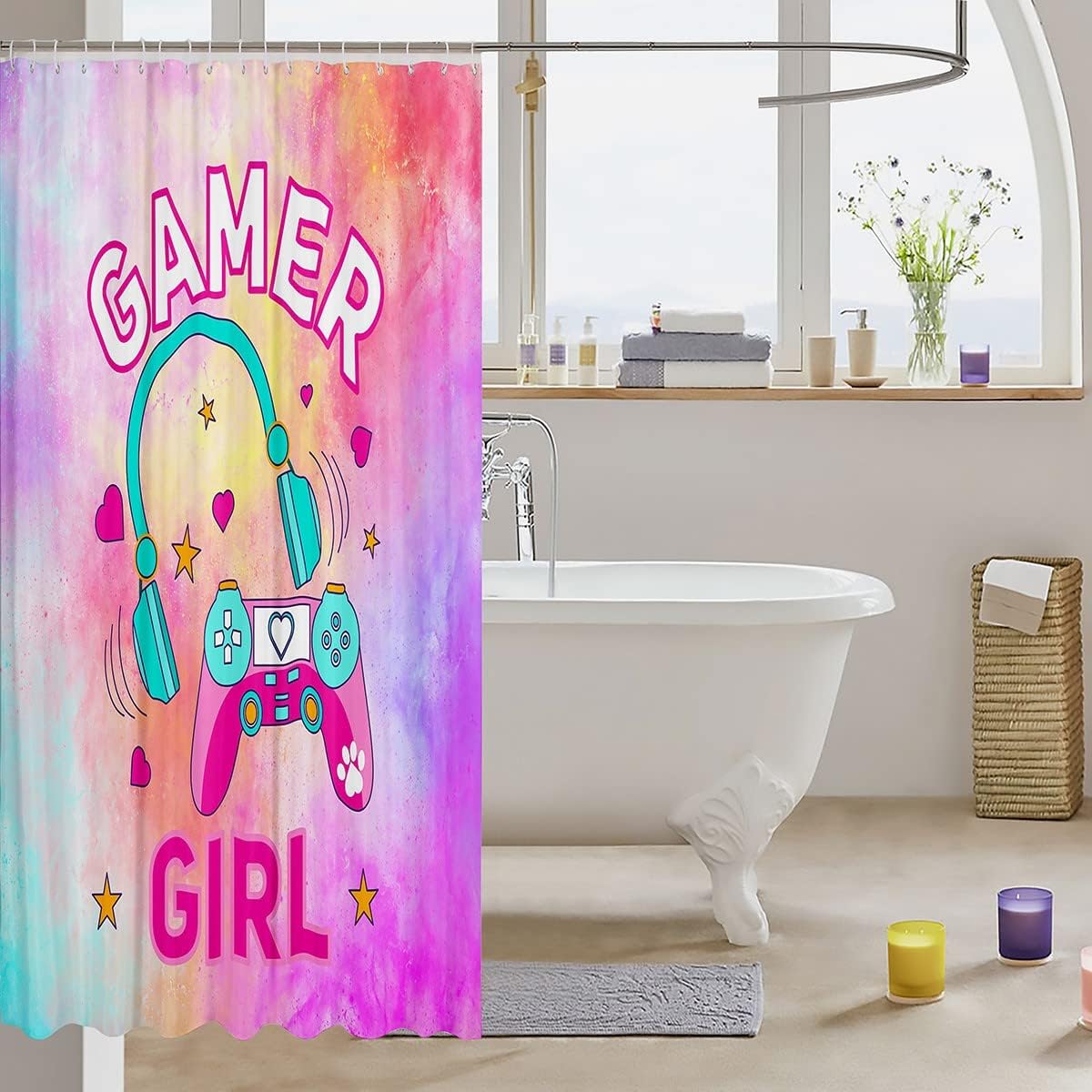 Pink Headset Gamepad Vide Games Gaming Shower Curtain for Kids Girls Teens Room Decor
