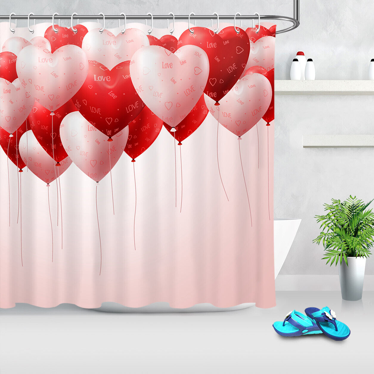 Pink Heart Balloons Red Shower Curtain for Valentine's Day Bathroom Decor