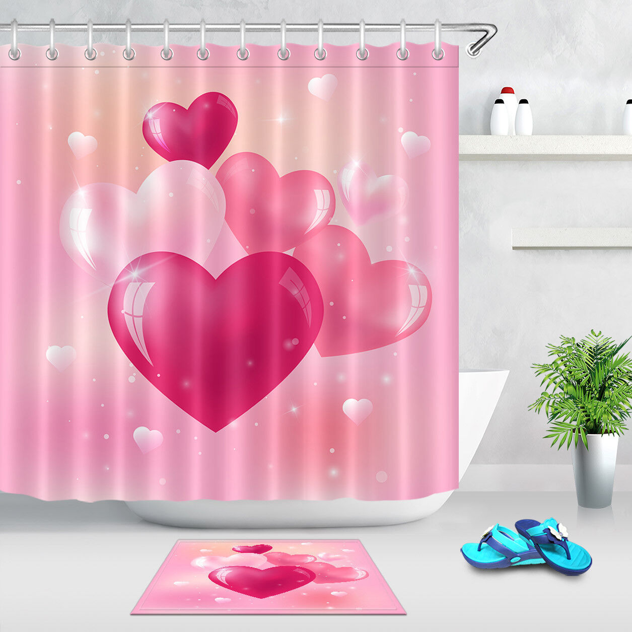 Pink Heart Balloons Waterproof Fabric Shower Curtain for Bathroom Decor on Valentine's Day