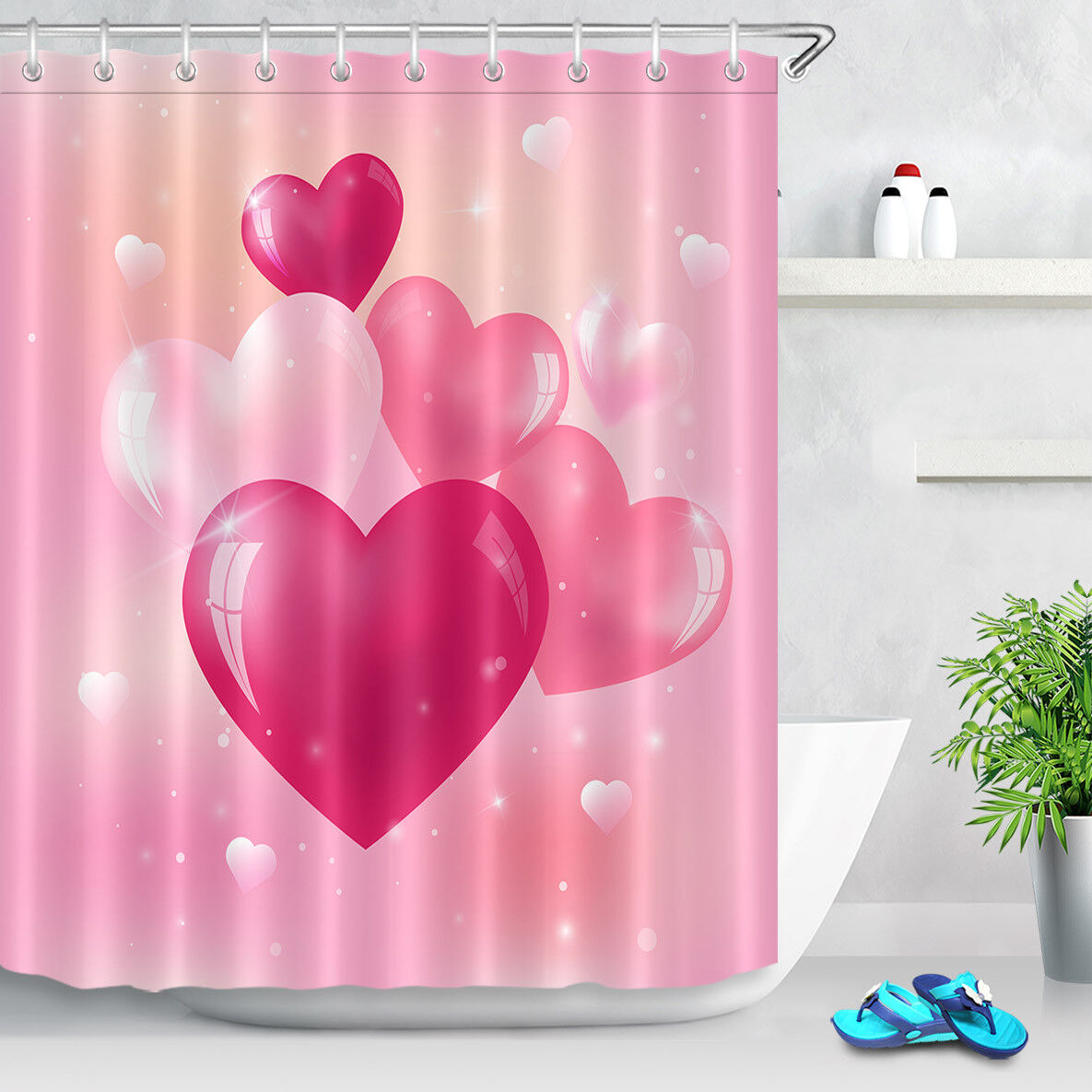Pink Heart Balloons Waterproof Fabric Shower Curtain for Bathroom Decor on Valentine's Day