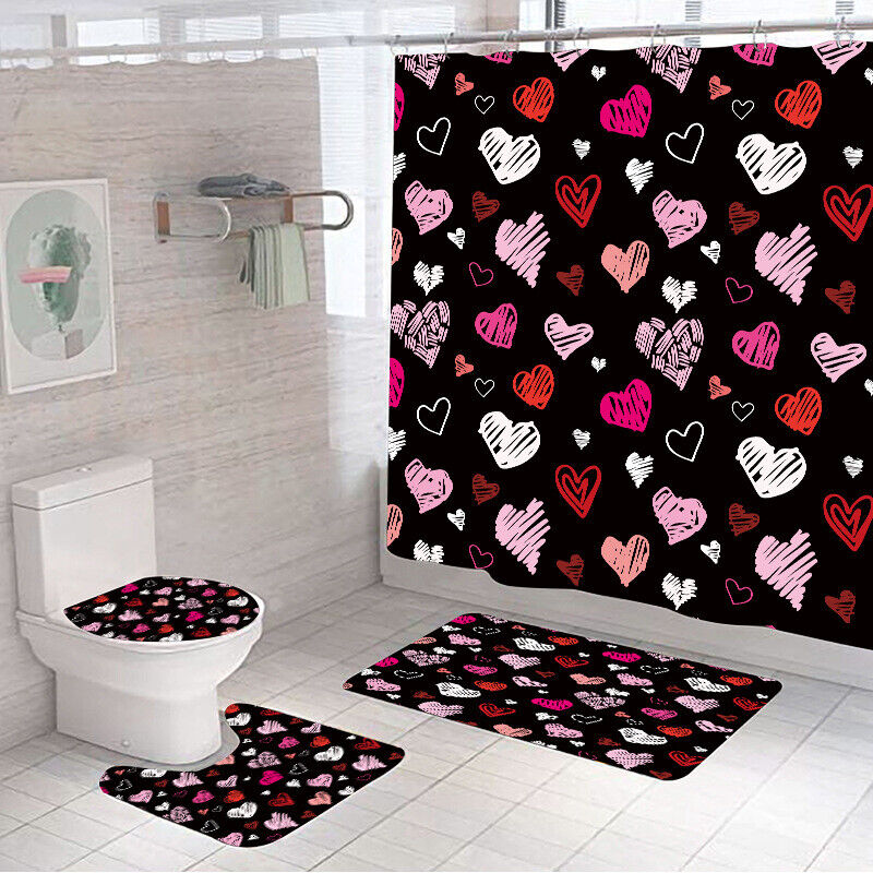 Pink Heart Bath Shower Curtain Bath Lid Waterproof for Valentine's Day