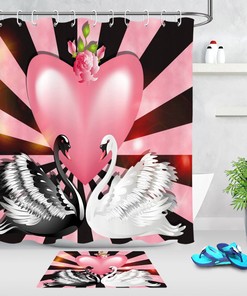 Pink Heart Couple of Swans Waterproof Shower Curtain for Bathroom Decor on Valentine's Day