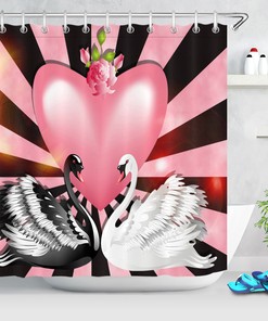 Pink Heart Couple of Swans Waterproof Shower Curtain for Bathroom Decor on Valentine's Day