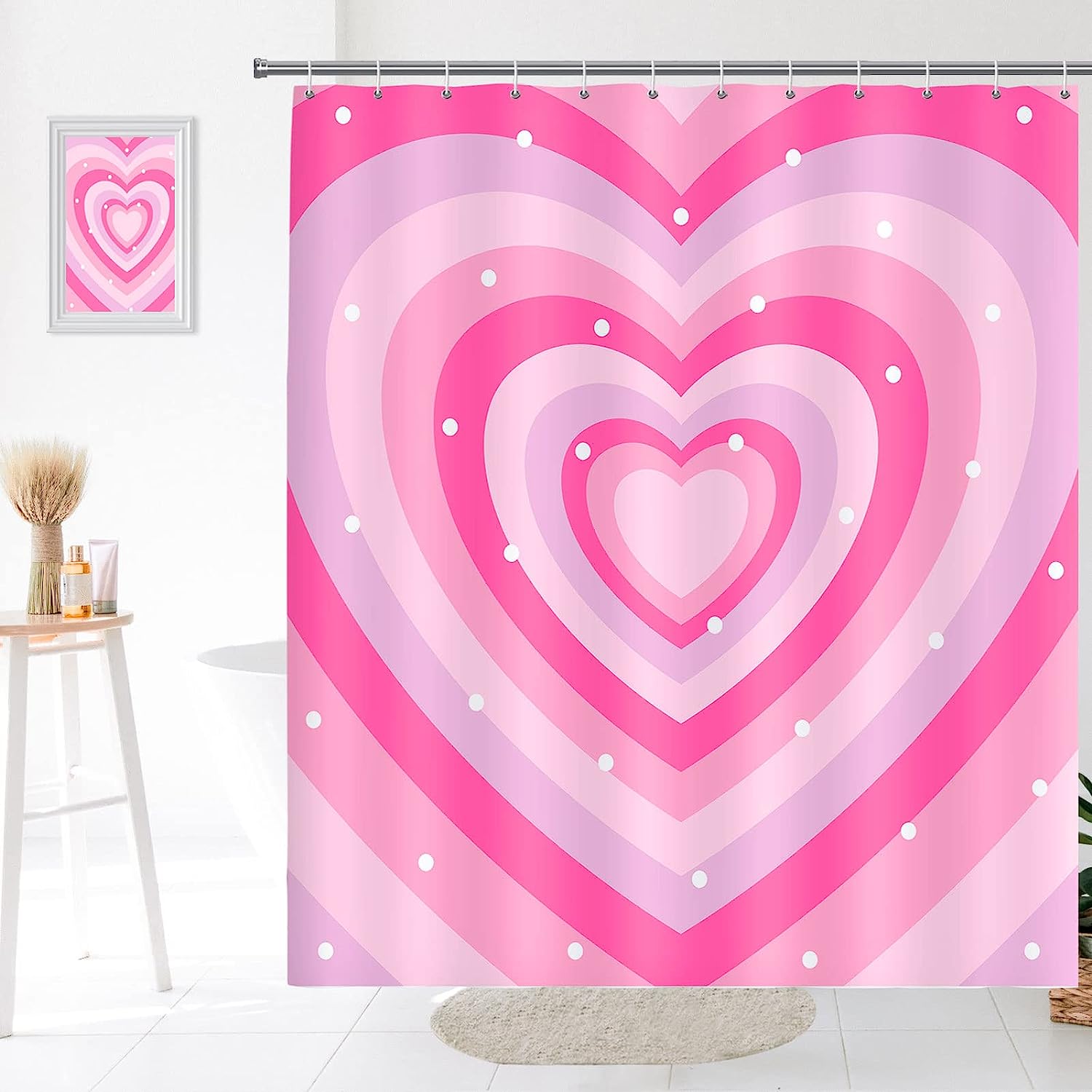 Pink Heart Cute Trendy Kids Bathroom Shower Curtain Waterproof Washable