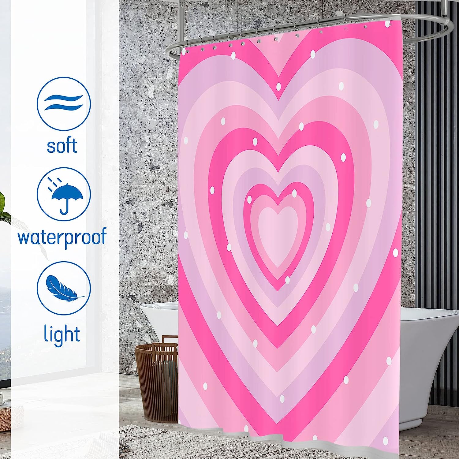Pink Heart Cute Trendy Kids Bathroom Shower Curtain Waterproof Washable