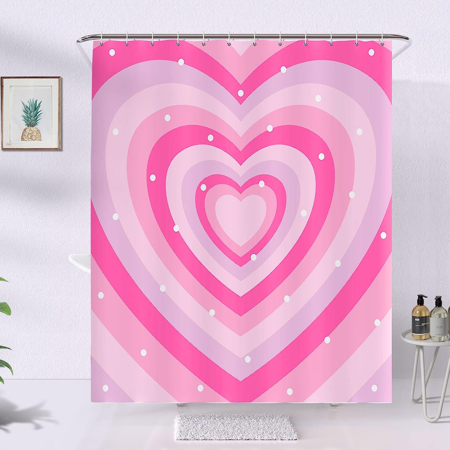Pink Heart Cute Trendy Kids Bathroom Shower Curtain Waterproof Washable