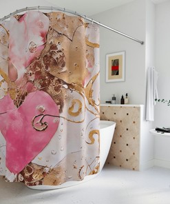 Pink Heart Shower Curtain with Gold Accents for Your Artistic Bathroom