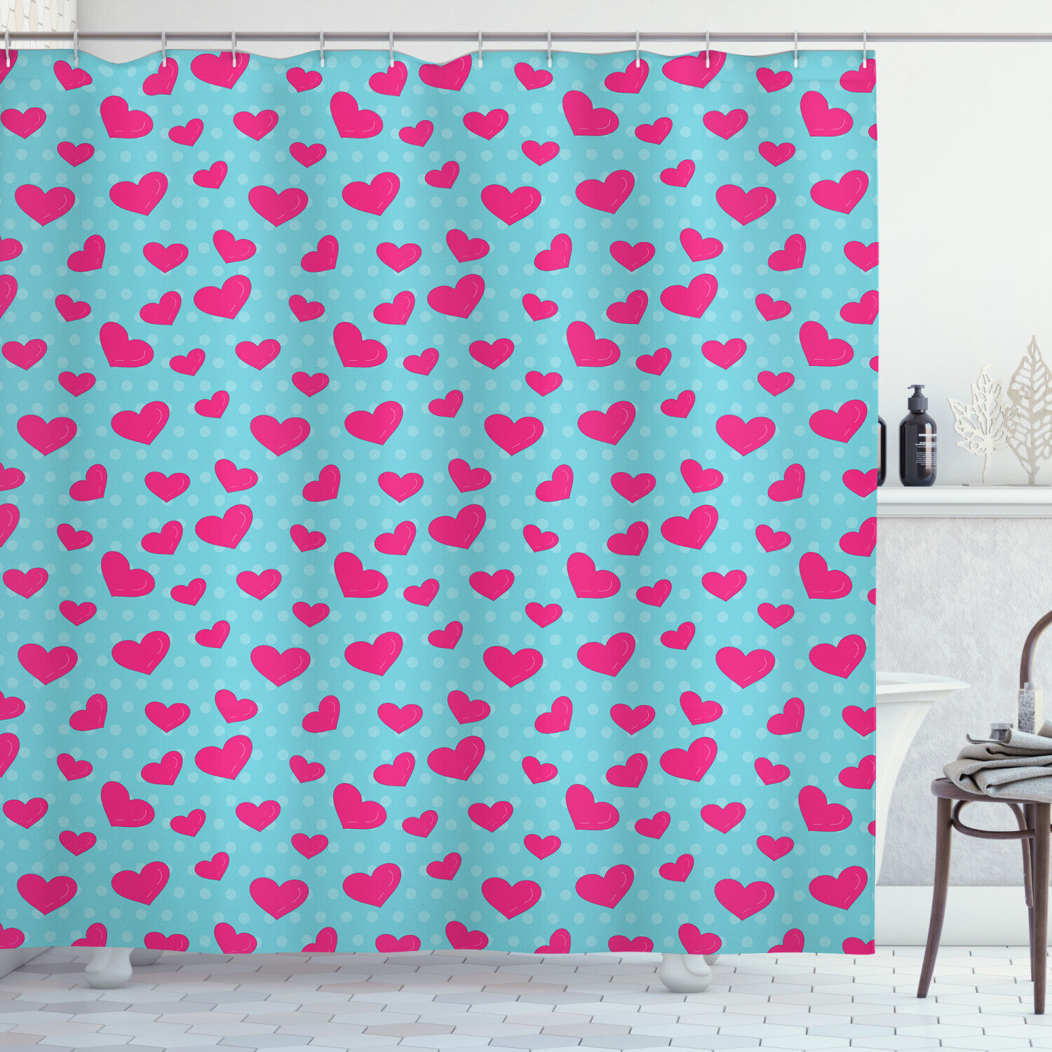 Pink Heart on Polka Dots Print Shower Curtain for Bathroom - Cute Retro Bath Accessory