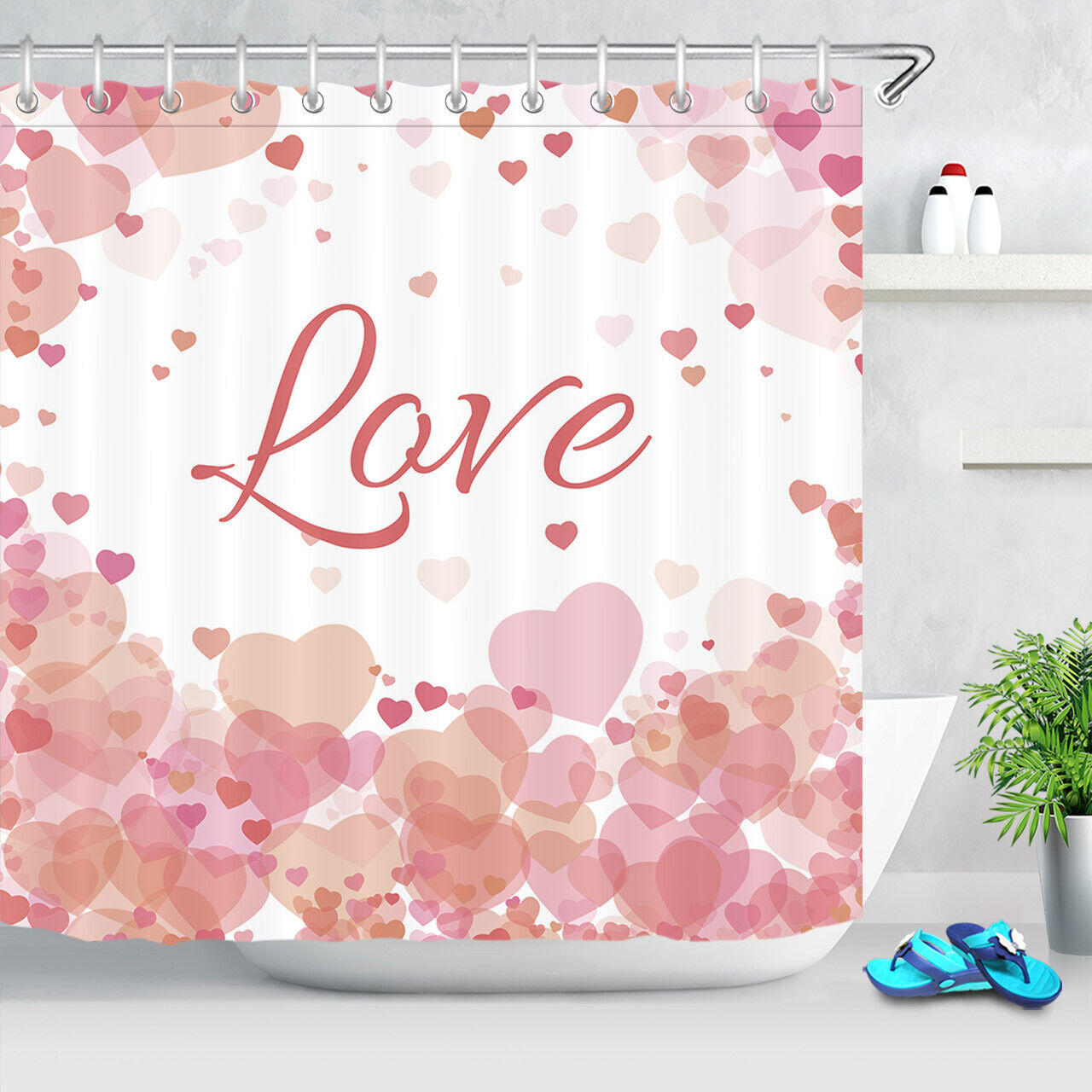 Pink Hearts on White Background Shower Curtain Bathroom Decor LB