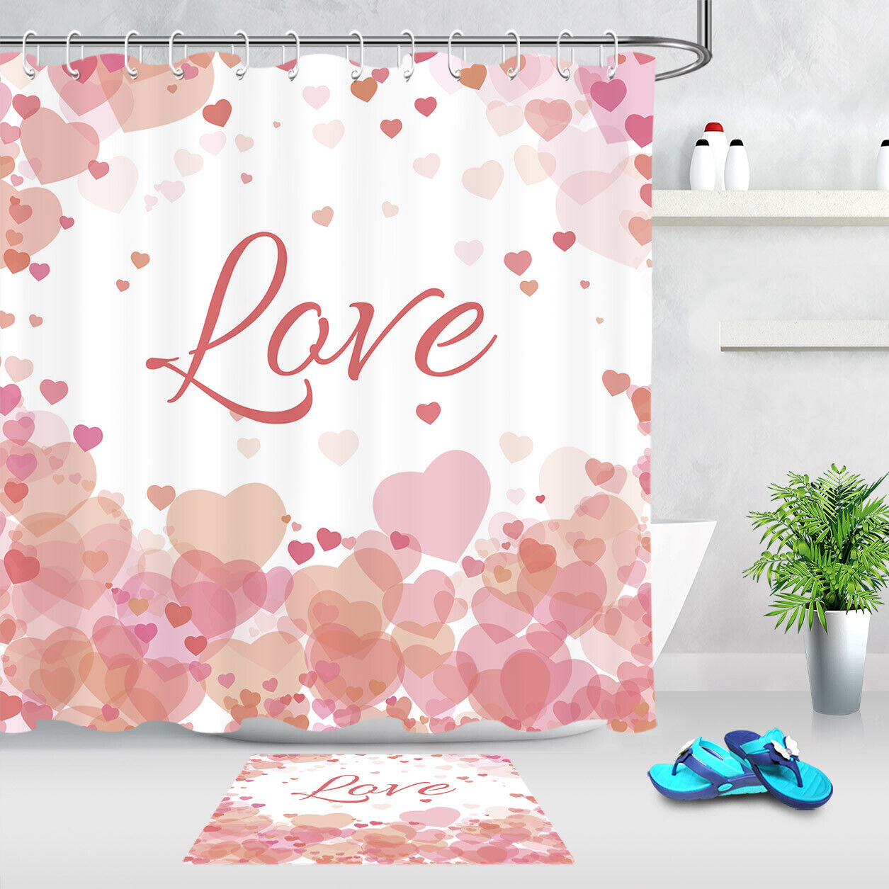 Pink Hearts on White Background Shower Curtain Bathroom Decor LB