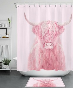 Pink Highland Cow Safari Animal Shower Curtain - Wildlife Bathroom Decor
