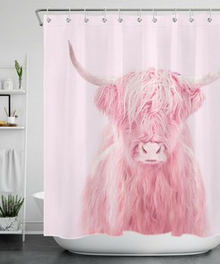 Pink Highland Cow Safari Animal Shower Curtain - Wildlife Bathroom Decor