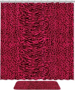 Pink Interlaced Leopard Printed Bathroom Tub Set With Waterproof Fabric Shower Curtain