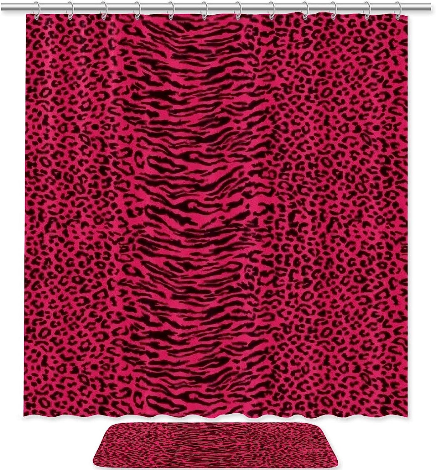 Pink Interlaced Leopard Printed Bathroom Tub Set With Waterproof Fabric Shower Curtain