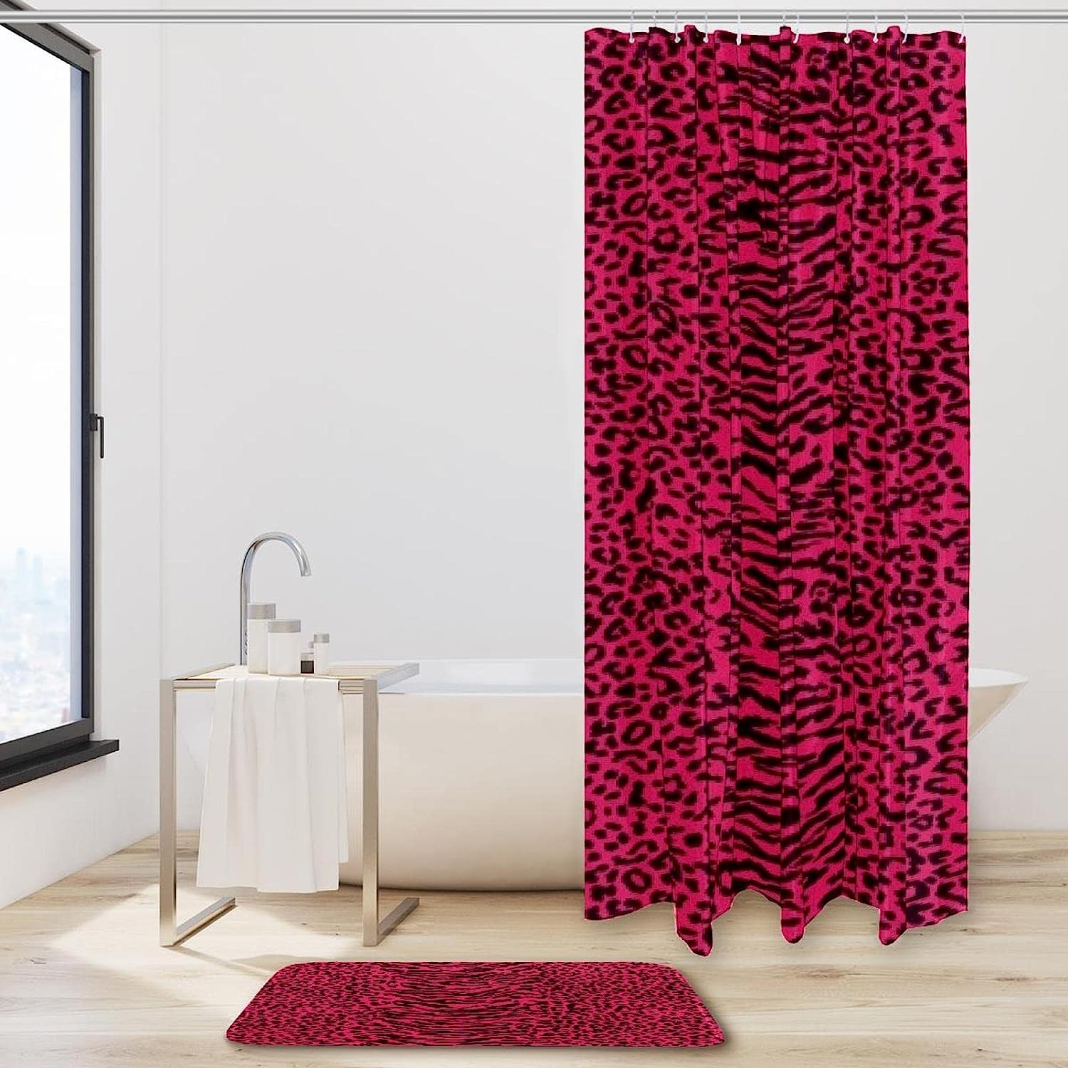 Pink Interlaced Leopard Printed Bathroom Tub Set With Waterproof Fabric Shower Curtain - Image 2