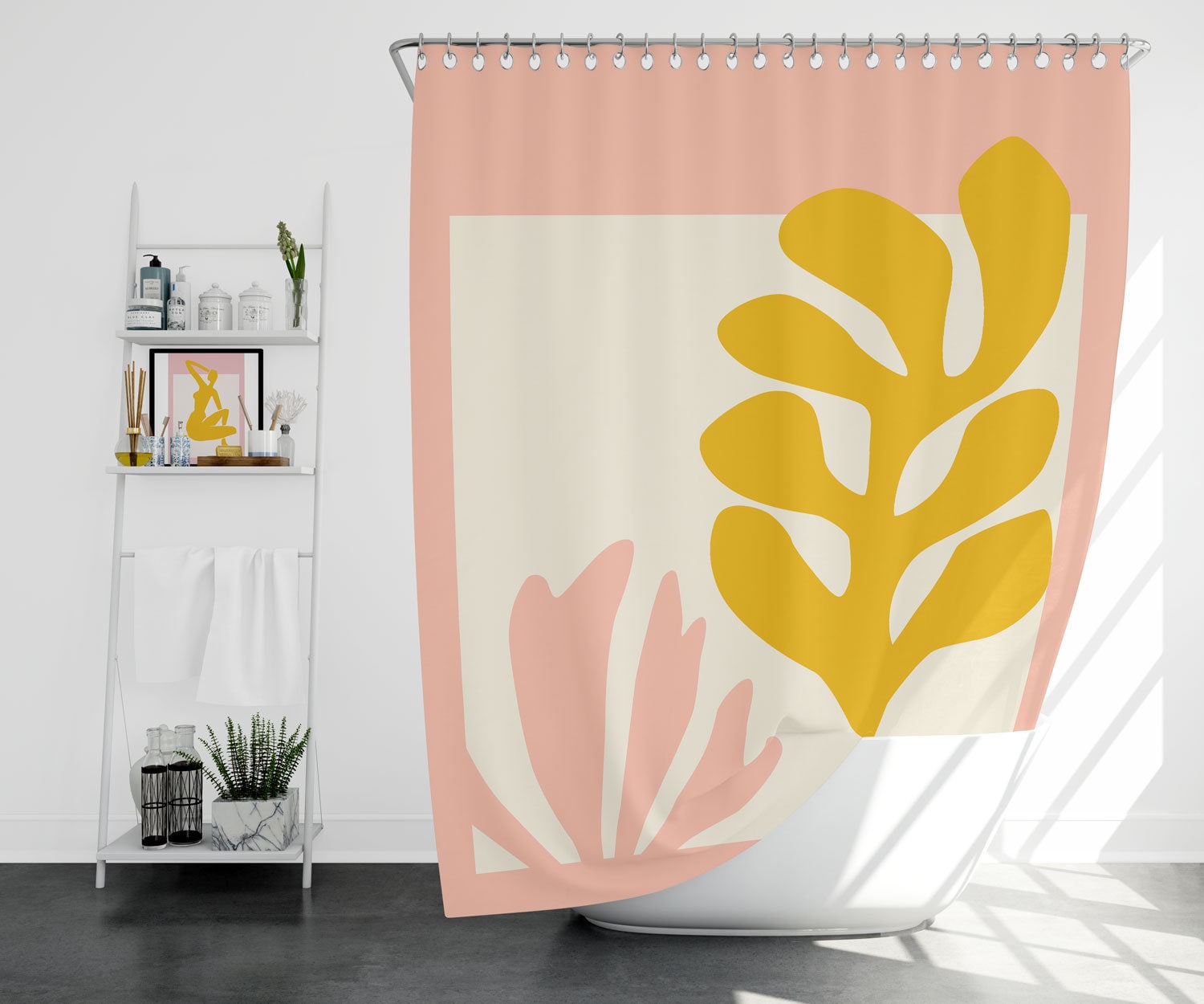 Pink Jungle Leaves Shower Curtain For Boho Bathroom Decor - Image 2