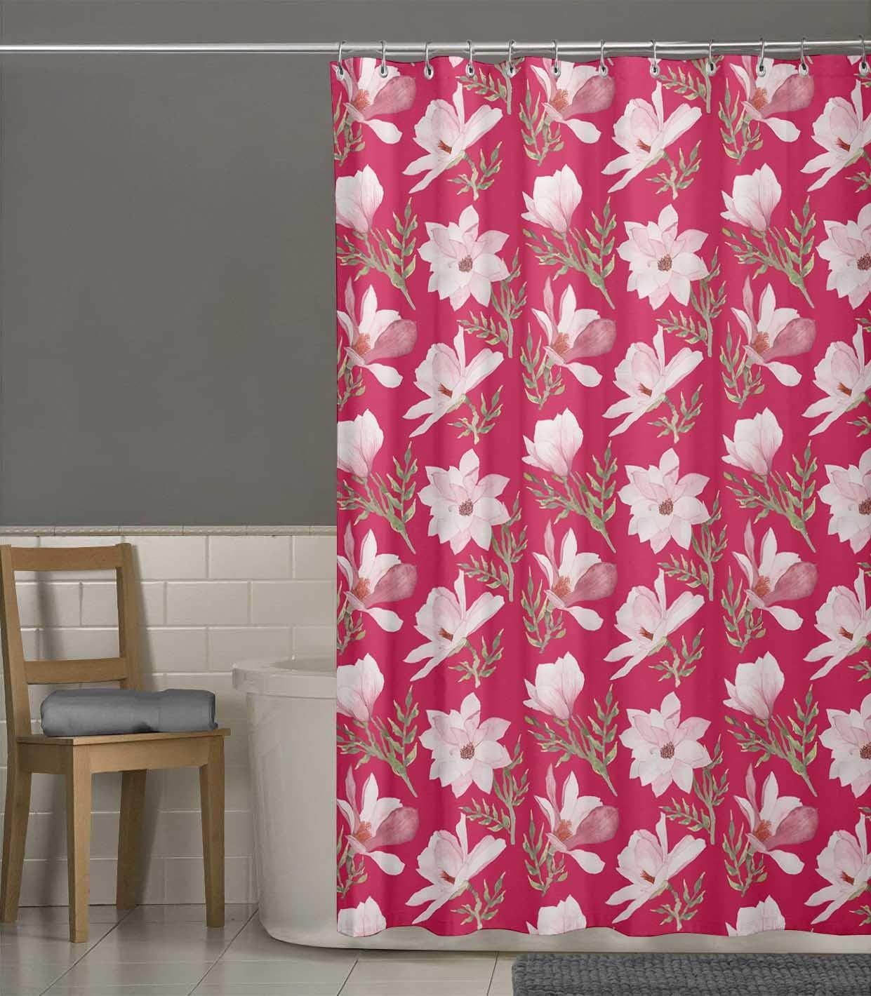 Pink Leaves & Magnolia Floral Printed Fabric Shower Curtain for Bathroom by S4Sassy