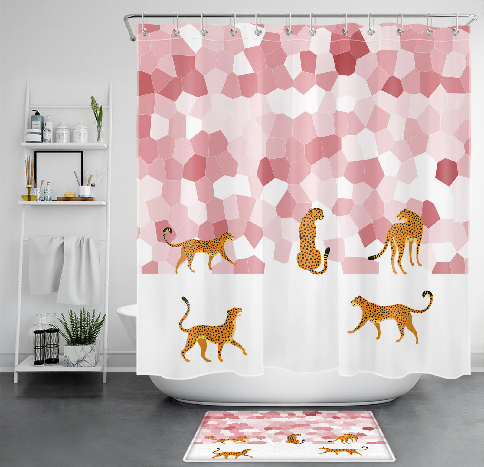 Pink Leopard Animal Print Shower Curtain with Geometric Pattern: Bold and Trendy