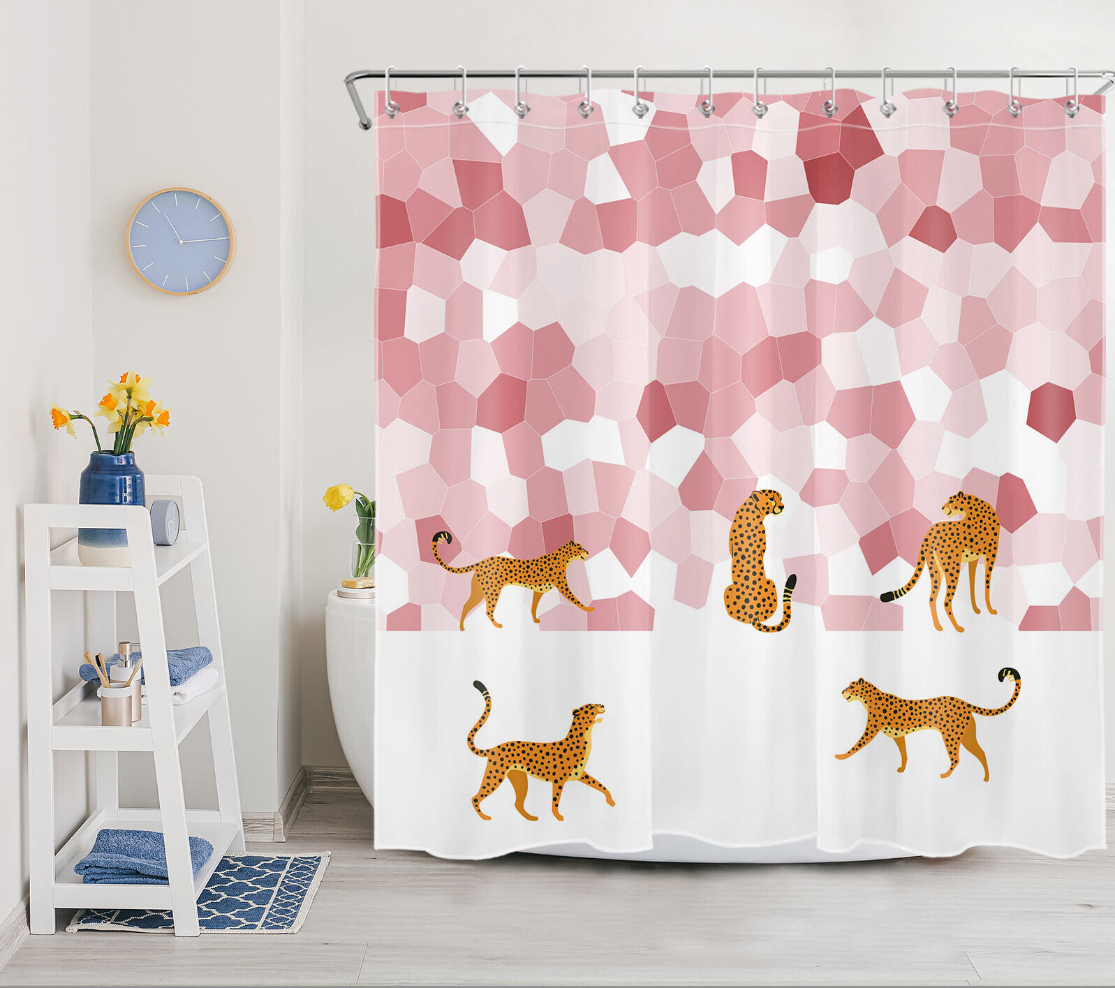 Pink Leopard Animal Print Shower Curtain with Geometric Pattern: Bold and Trendy