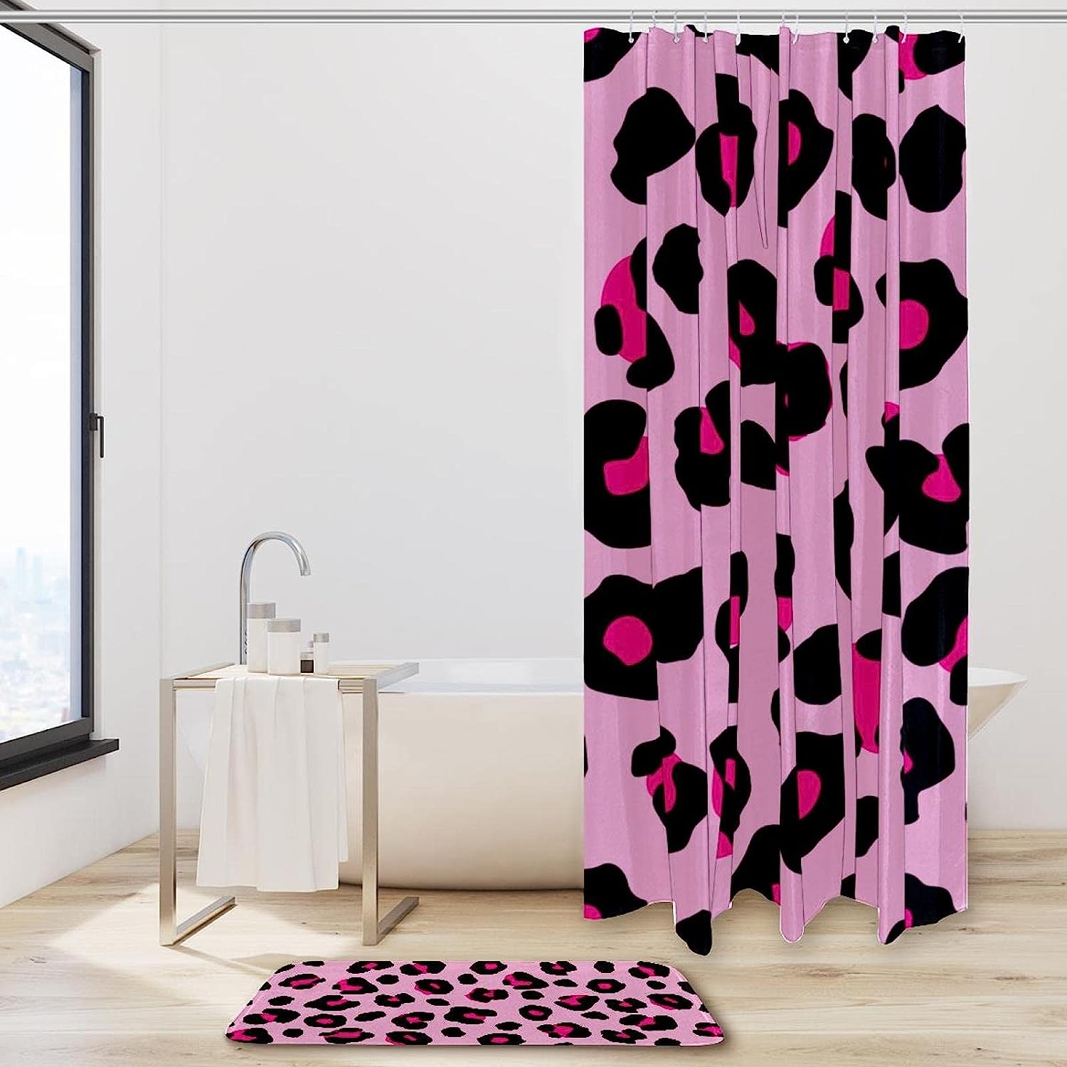 Pink Leopard Luxury Shower Curtain With Microfiber Accents, Machine Washable - Image 2