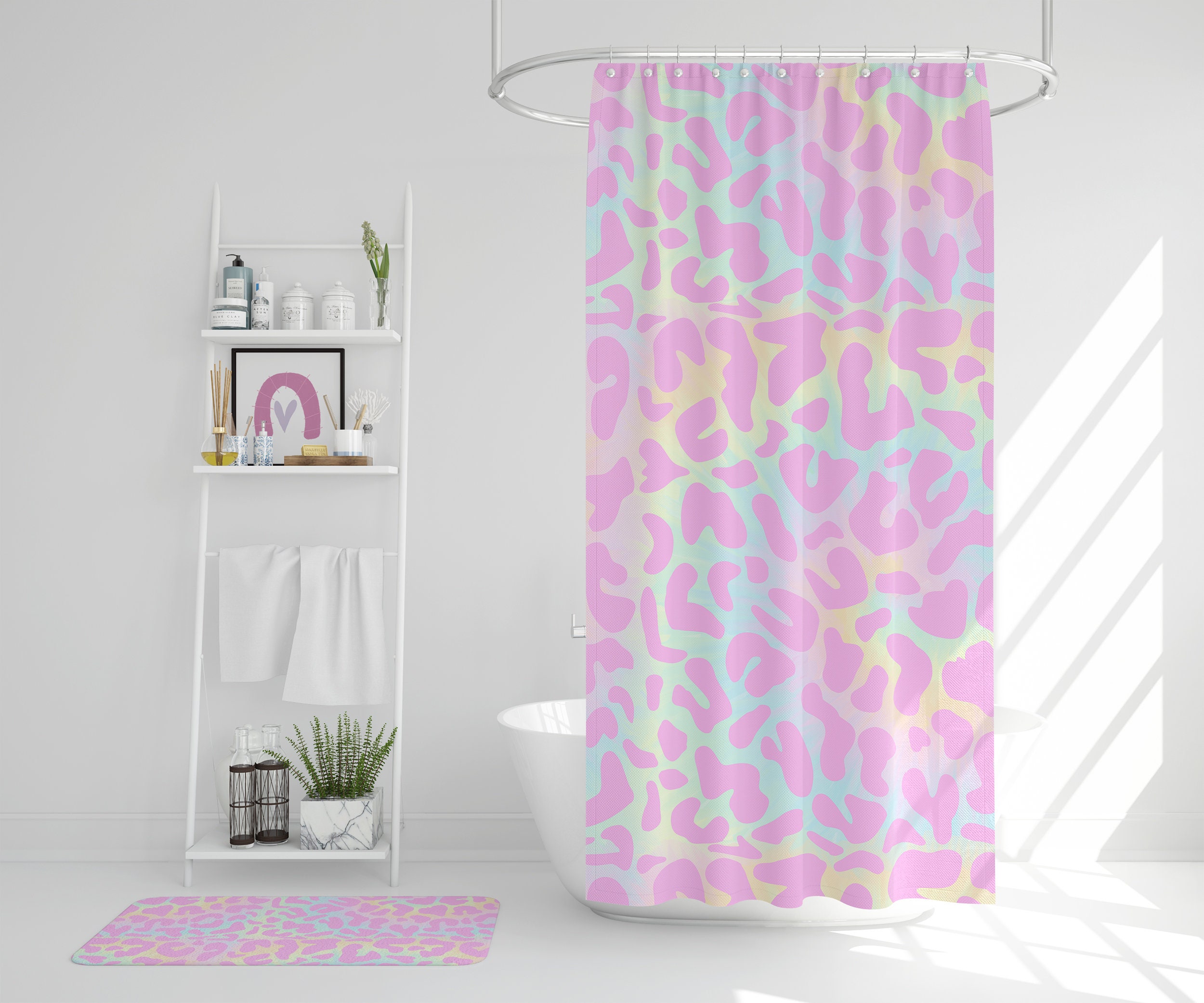 Pink Leopard Print Shower Curtain For Girls Bathroom Decor With Rainbow