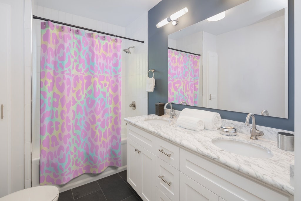 Pink Leopard Print Shower Curtain For Girls Bathroom Decor With Rainbow - Image 2