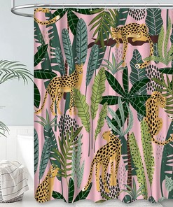 Pink Leopard Wildlife Animal Shower Curtain With Tropical Palm Leaf Jungle Rainforest Plant Modern Boho Curtains