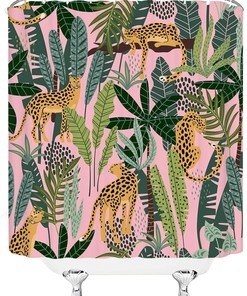 Pink Leopard Wildlife Animal Shower Curtain With Tropical Palm Leaf Jungle Rainforest Plant Modern Boho Curtains