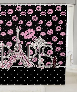 Pink Lips Print Paris Eiffel Tower Shower Curtain for Lovers and Couples Room Decor