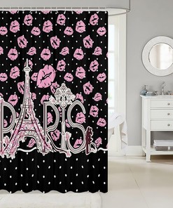Pink Lips Print Paris Eiffel Tower Shower Curtain for Lovers and Couples Room Decor