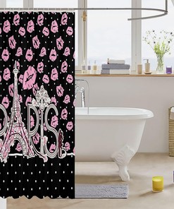 Pink Lips Print Paris Eiffel Tower Shower Curtain for Lovers and Couples Room Decor