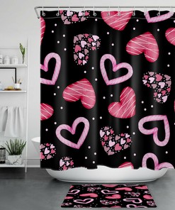 Pink Love Heart Black Shower Curtain Bathroom Accessories on Valentine's Day