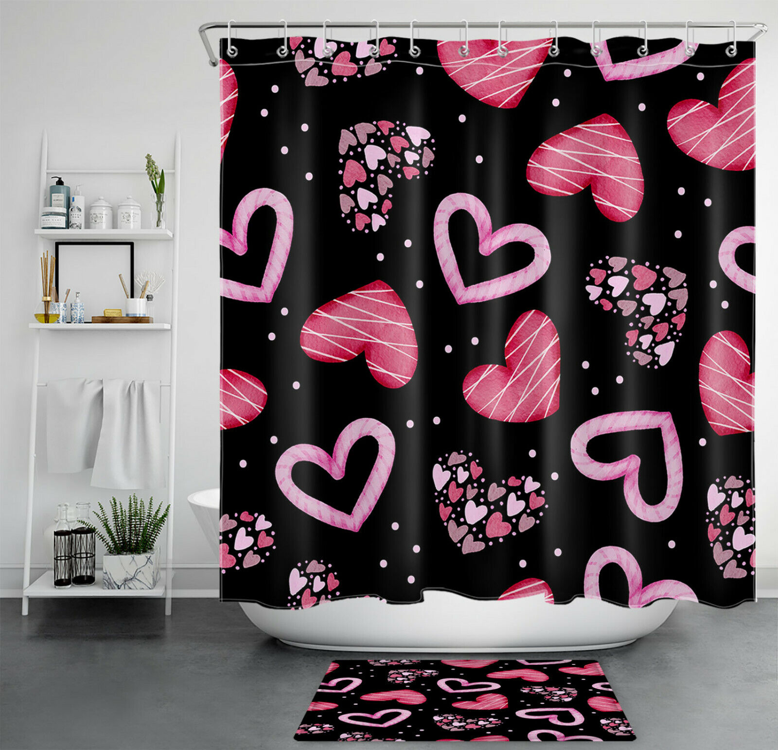 Pink Love Heart Black Shower Curtain Bathroom Accessories on Valentine's Day