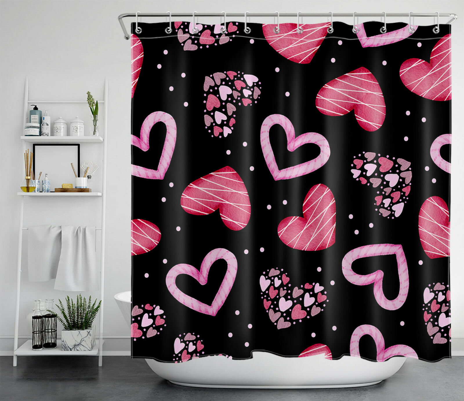 Pink Love Heart Black Shower Curtain Bathroom Accessories on Valentine's Day