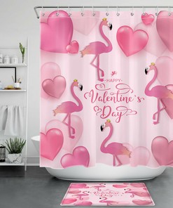 Pink Love Heart Flamingo Shower Curtain Bathroom Accessories on Valentine's Day