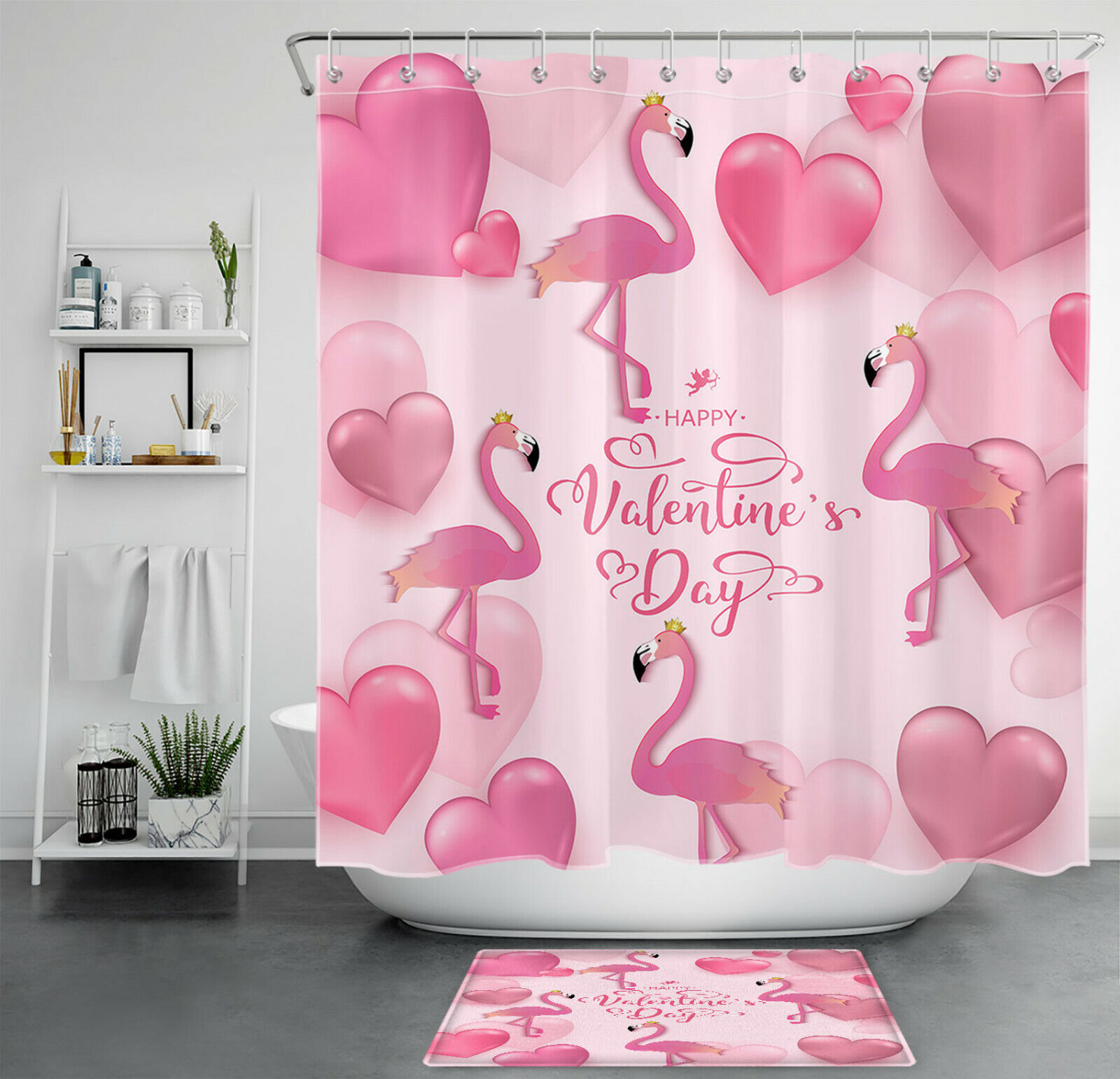 Pink Love Heart Flamingo Shower Curtain Bathroom Accessories on Valentine's Day
