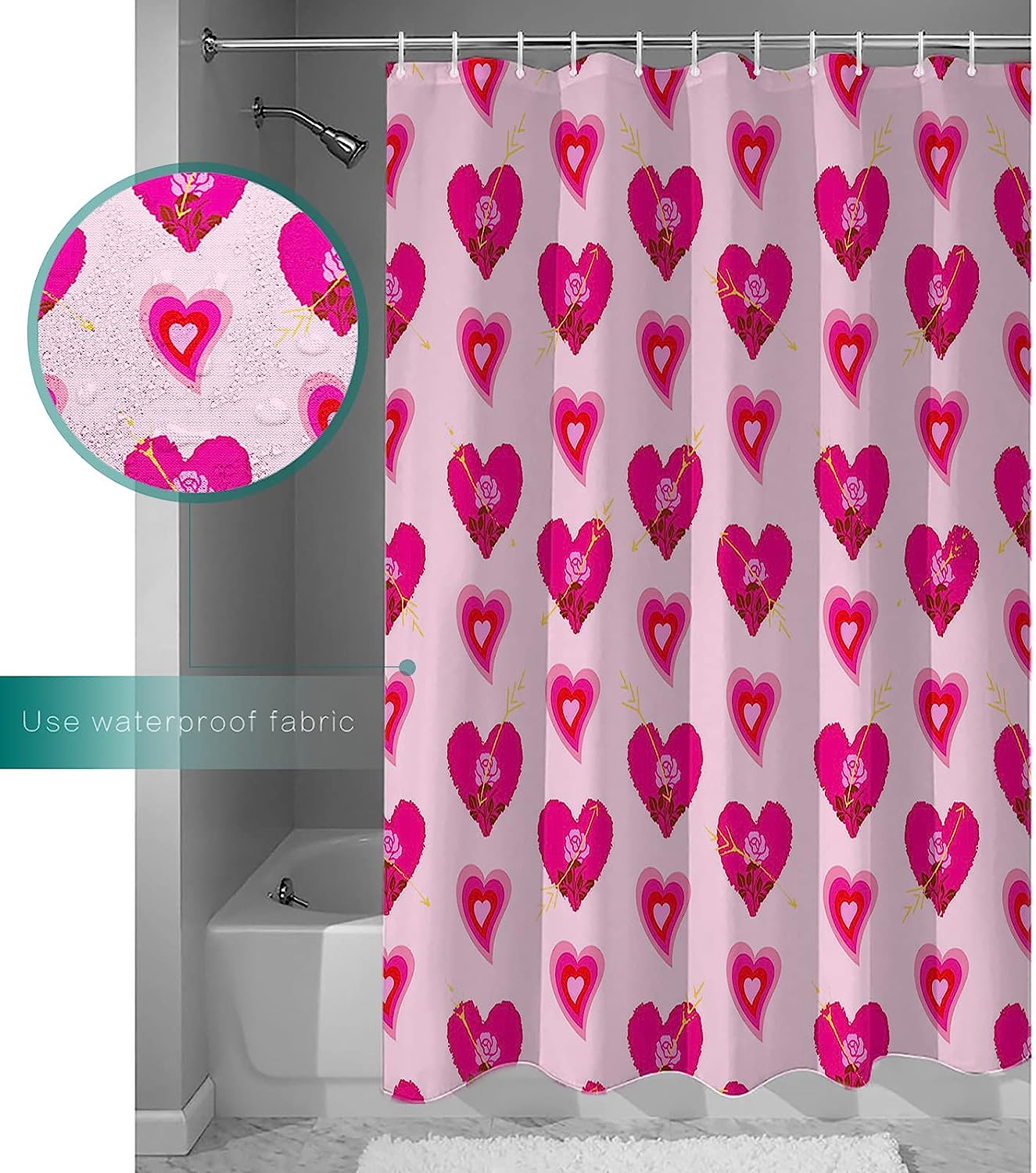 Pink Love Heart Floral Texture Shower Curtain - LB Valentine's Day Bathroom Accessories