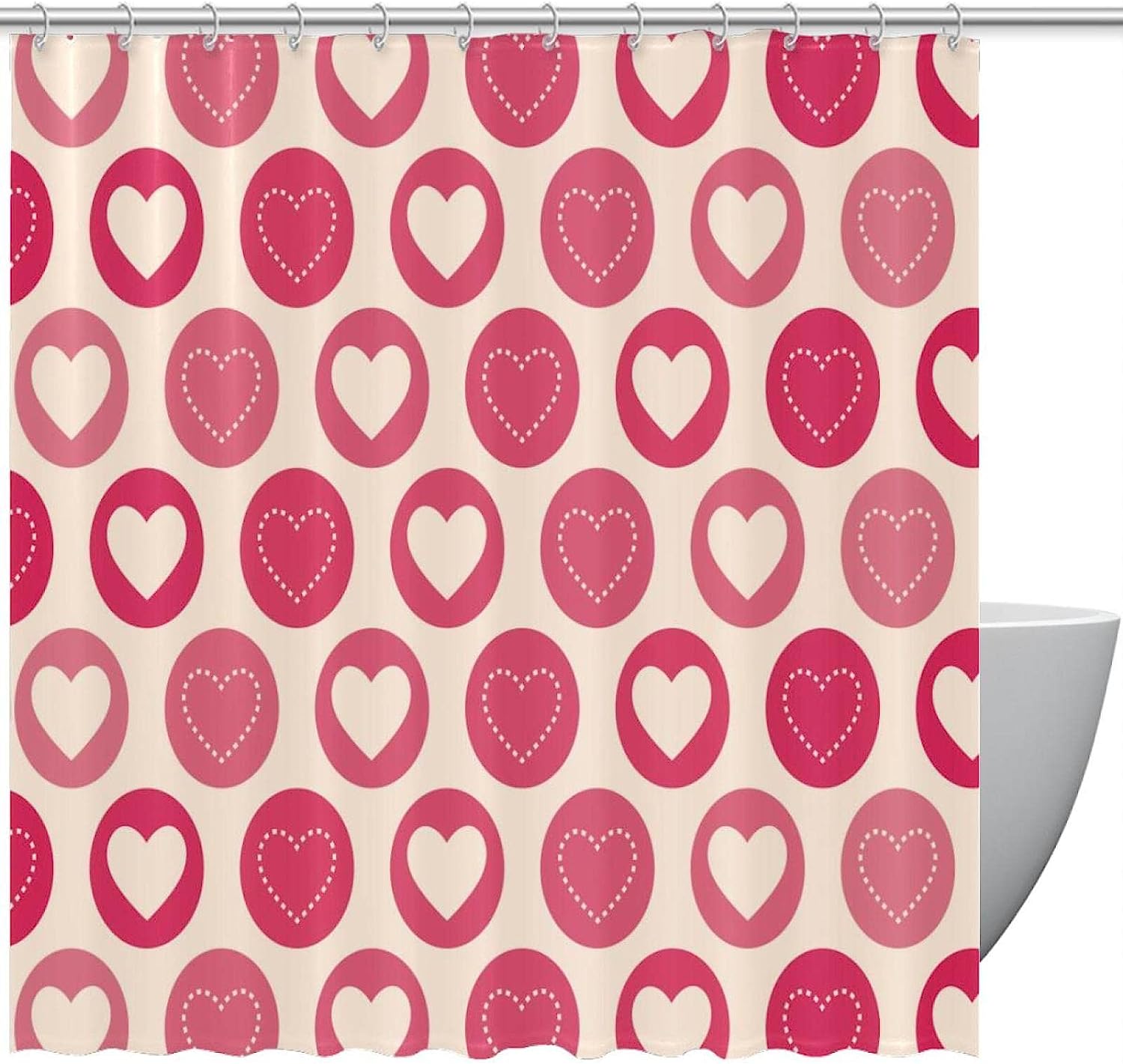 Pink Love Heart Pattern Geometric Shower Curtain, Romantic Bathroom Decor